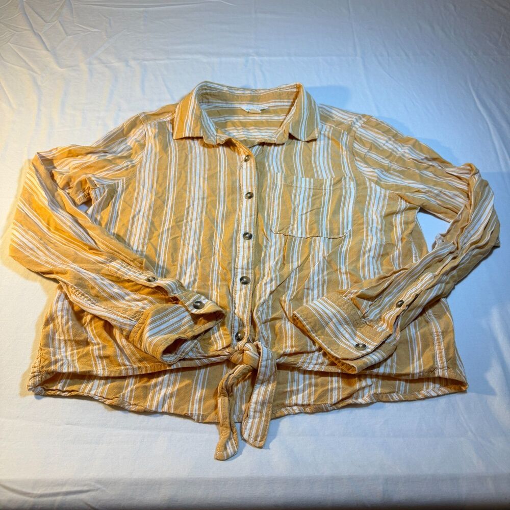 Aeropostale Small Tie Front Button Down Shirt Womens Yellow Rayon Striped LS